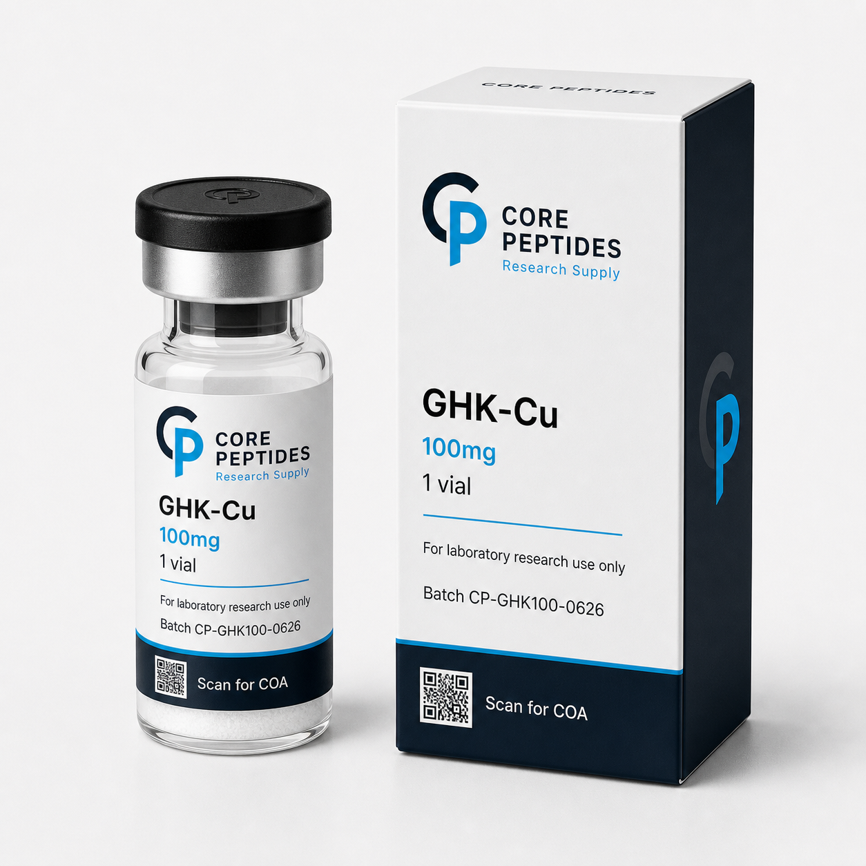 Core Peptides GHK-Cu 100mg research vial and carton