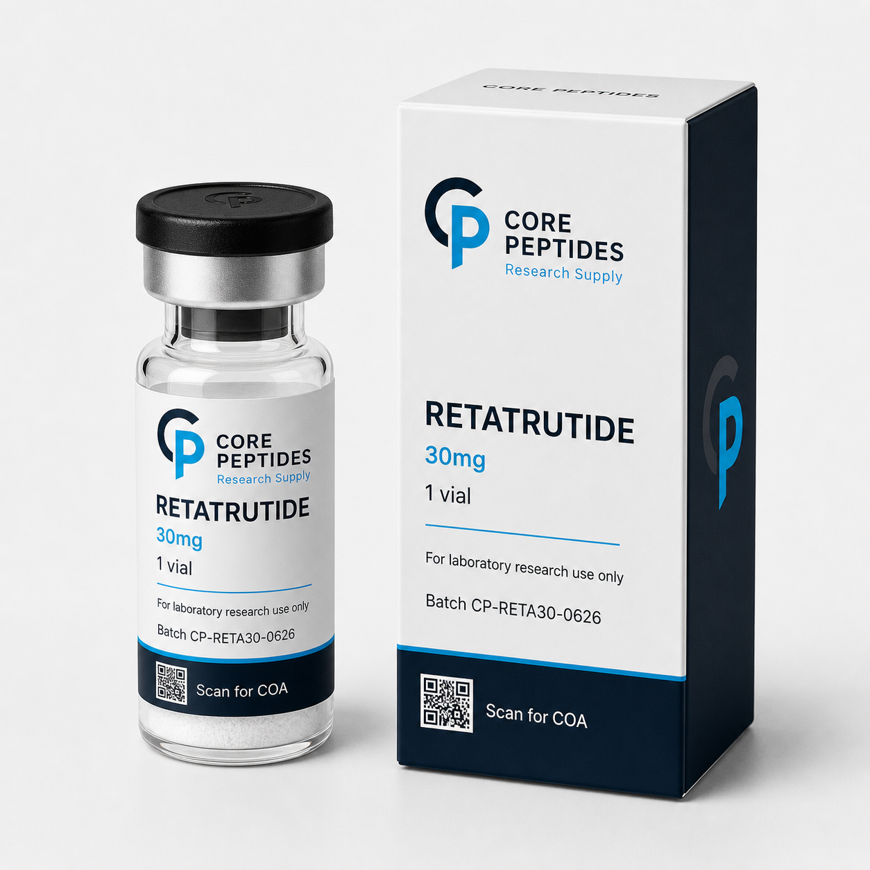 Core Peptides Retatrutide 30mg research vial and carton